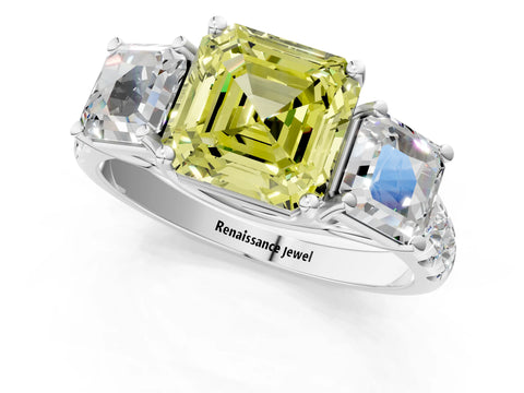 White gold Three-Stone Fancy Yellow Asscher Cut Diamond Pavé Band with Prong Setting_13