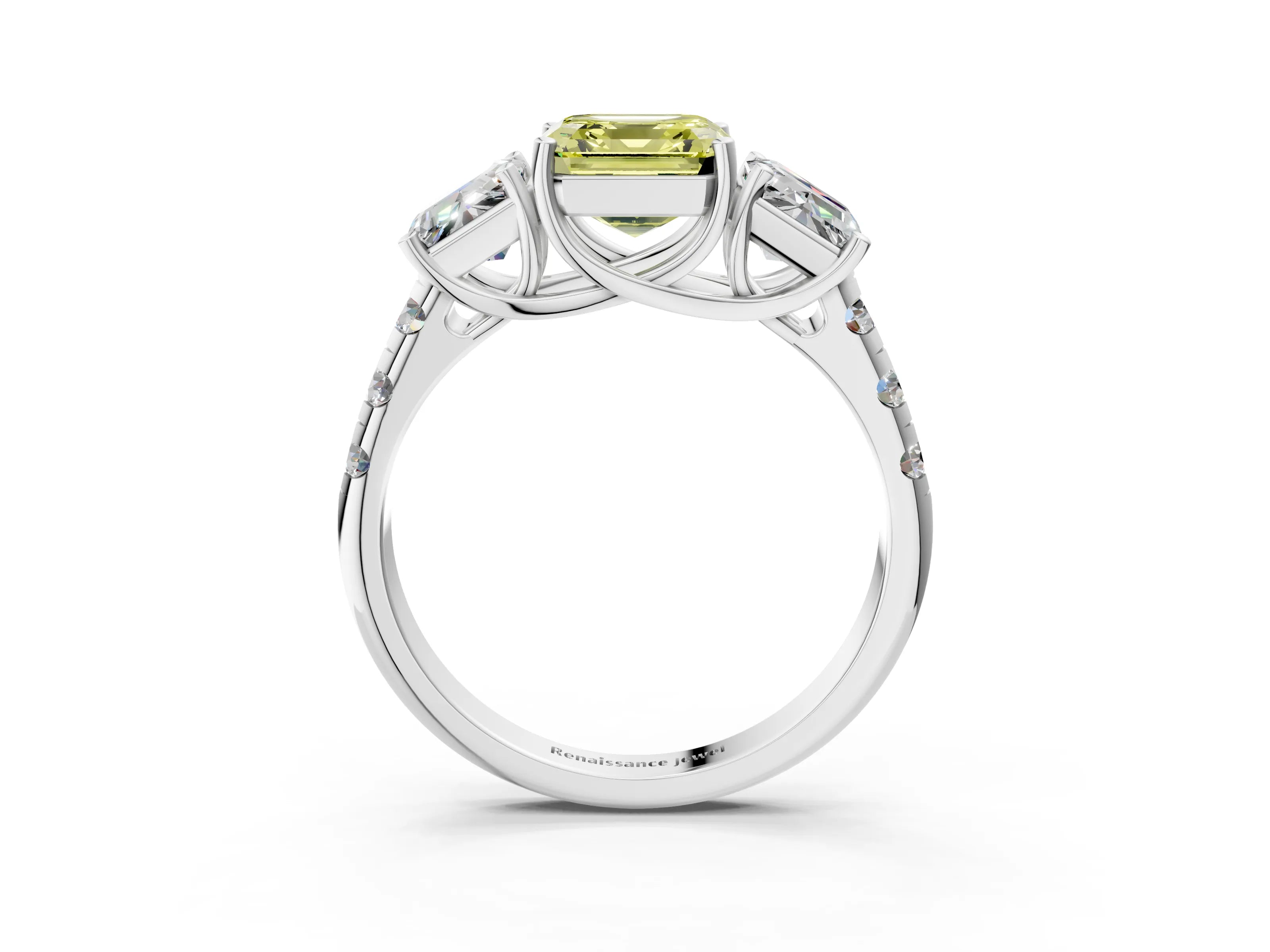 White gold Three-Stone Fancy Yellow Asscher Cut Diamond Pavé Band with Prong Setting_15