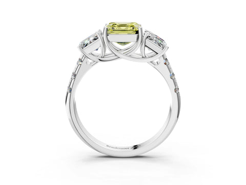 White gold Three-Stone Fancy Yellow Asscher Cut Diamond Pavé Band with Prong Setting_15