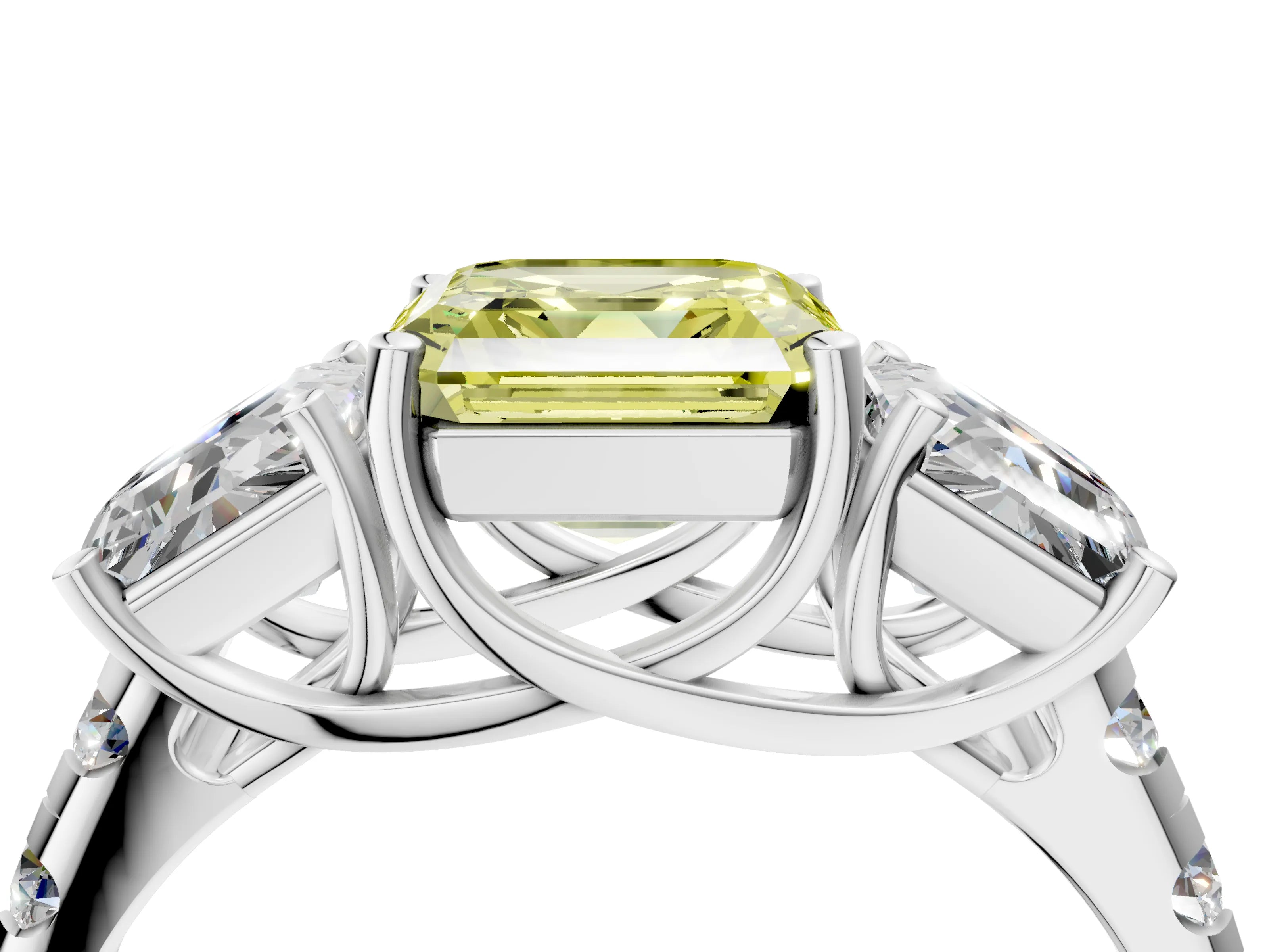 White gold Three-Stone Fancy Yellow Asscher Cut Diamond Pavé Band with Prong Setting_16