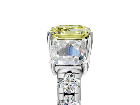 White gold Three-Stone Fancy Yellow Asscher Cut Diamond Pavé Band with Prong Setting_17