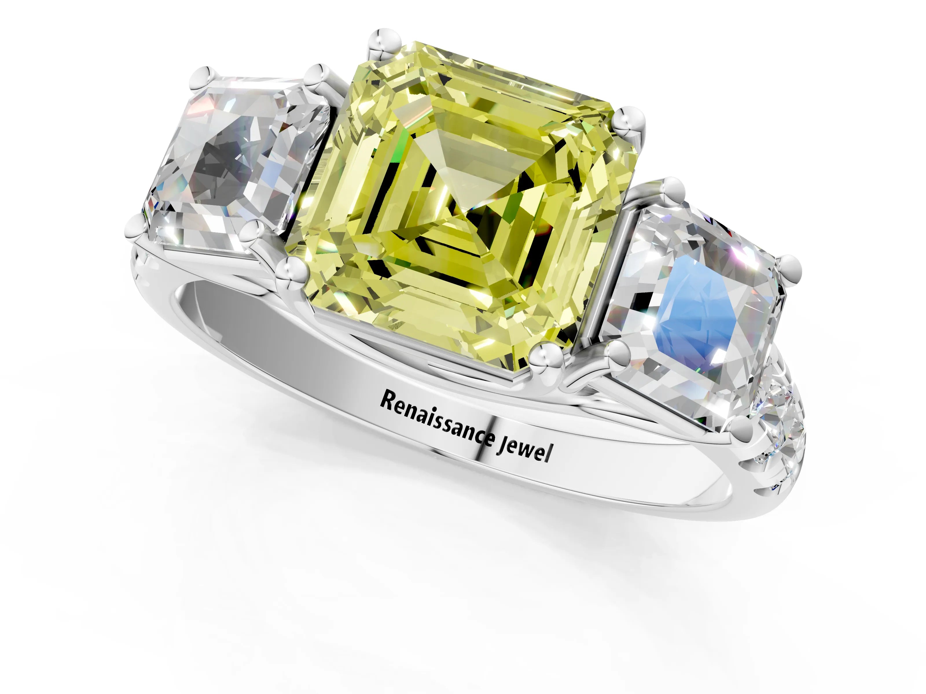 White gold Three-Stone Fancy Yellow Asscher Cut Diamond Pavé Band with Prong Setting_1