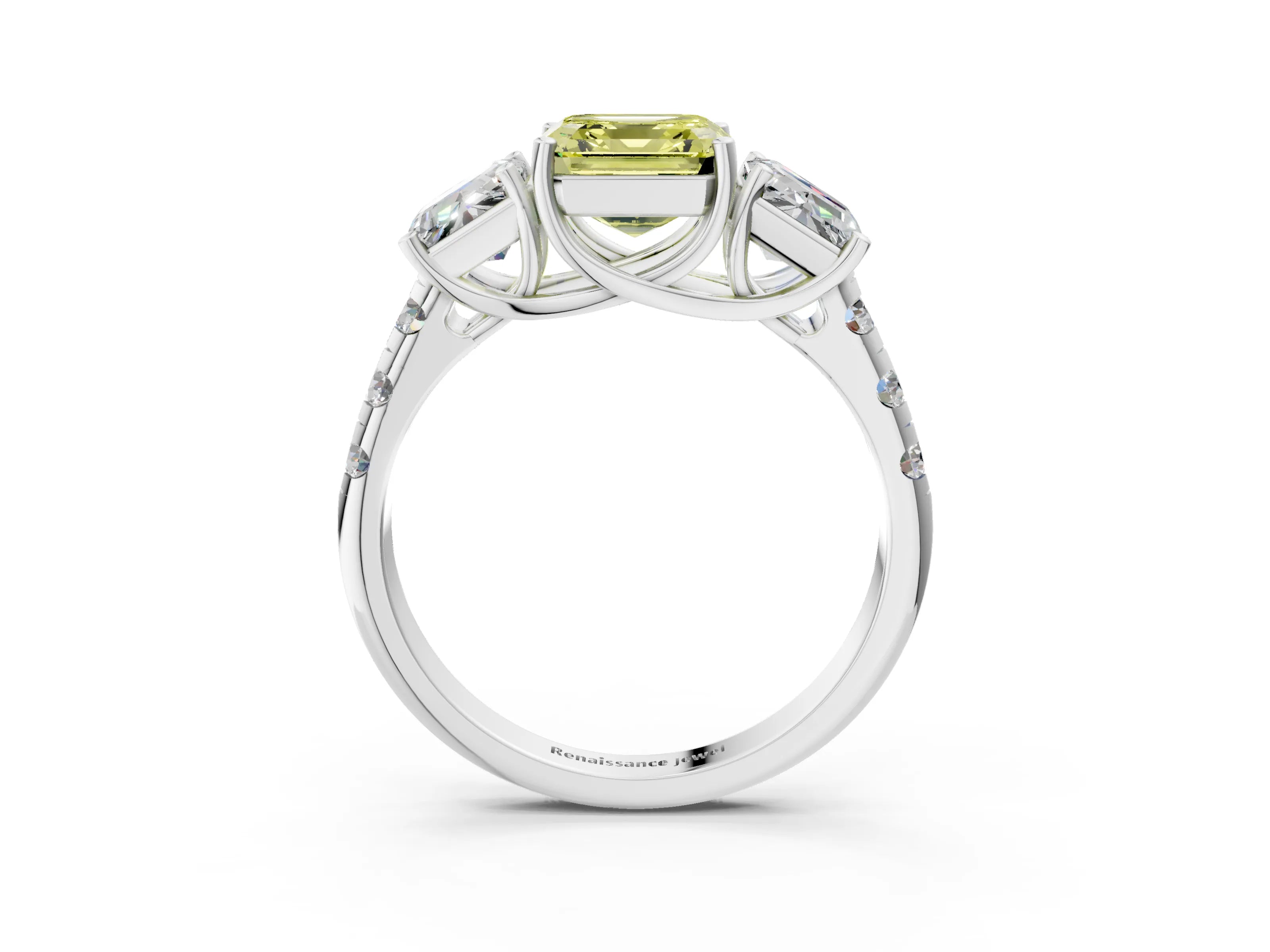 White gold Three-Stone Fancy Yellow Asscher Cut Diamond Pavé Band with Prong Setting_3