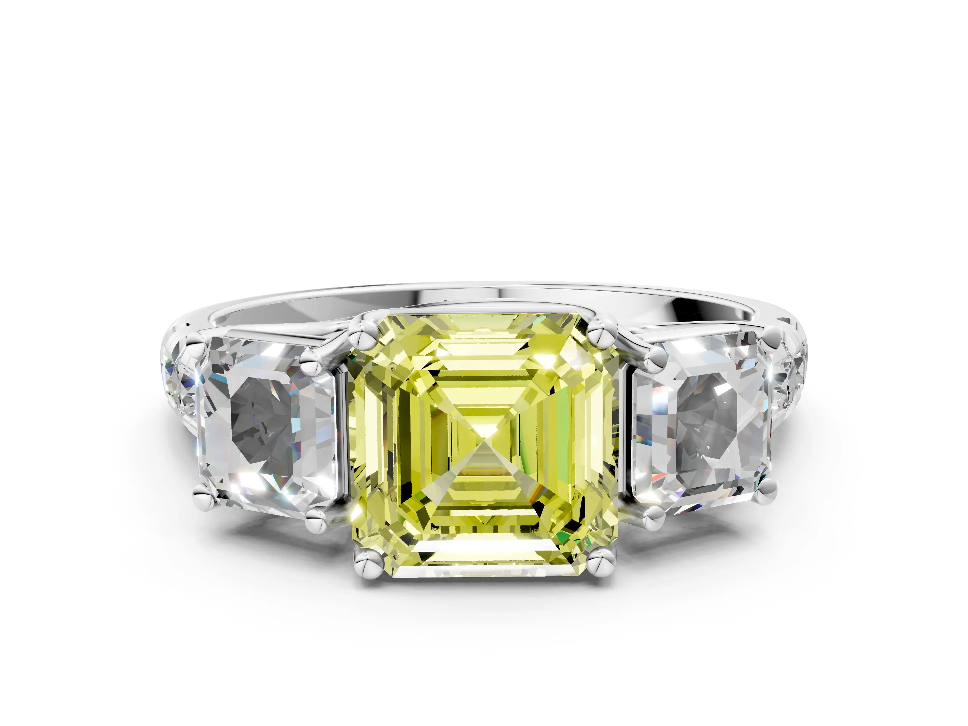 White gold Three-Stone Fancy Yellow Asscher Cut Diamond Pavé Band with Prong Setting