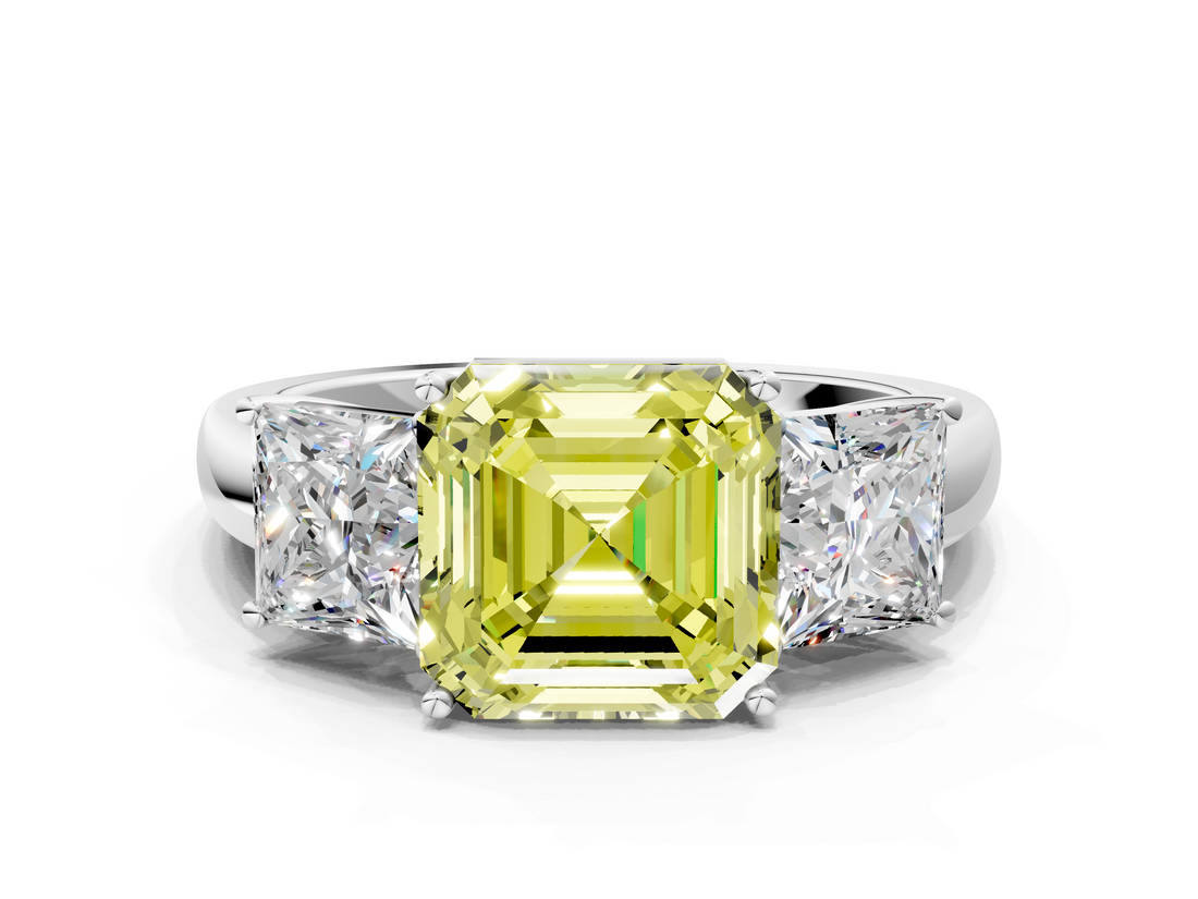 White gold Three-Stone Fancy Yellow Asscher  Cut Diamond Ring with Channel-Set Band and Four-Prong Setting_17