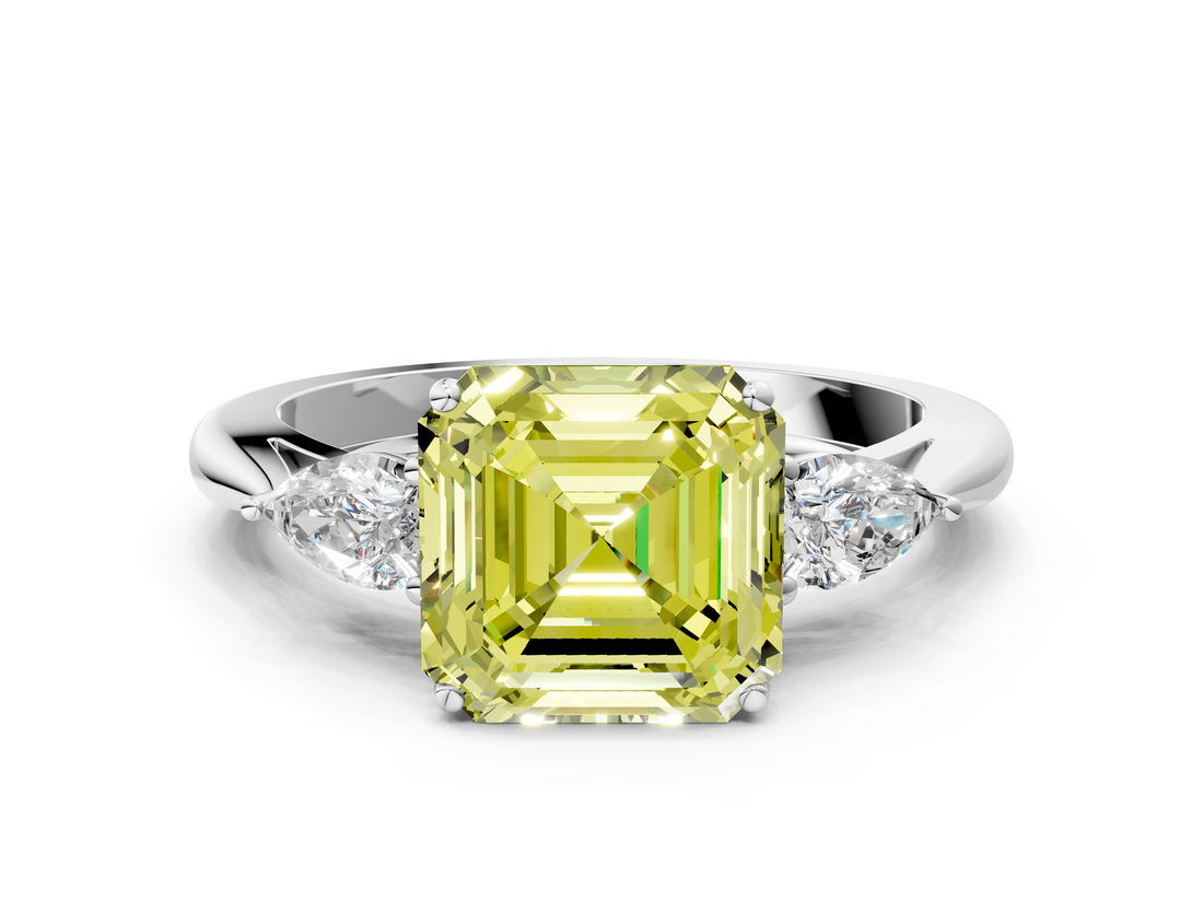 White gold Three-Stone Fancy Yellow Asscher  Cut Diamond Ring with Pear Side Stones in Four-Prong Setting_17