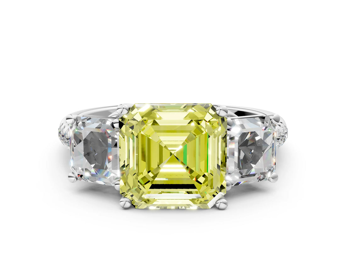White gold Three-Stone Fancy Yellow Asscher Cut Diamond Ring with Round  Pavé Band and Prong Setting_36