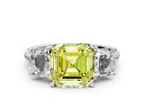 White gold Three-Stone Fancy Yellow Asscher Cut Diamond Ring with Round  Pavé Band and Prong Setting_36
