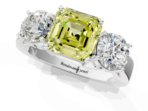 White gold Three-Stone Fancy Yellow Asscher Cut Diamond Ring with Round Side Stones, Classic Band, and Four-Prong Setting_1