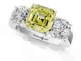 White gold Three-Stone Fancy Yellow Asscher Cut Diamond Ring with Round Side Stones, Classic Band, and Four-Prong Setting_1