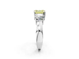 White gold Three-Stone Fancy Yellow Asscher Cut Diamond Ring with Round Side Stones, Classic Band, and Four-Prong Setting_2