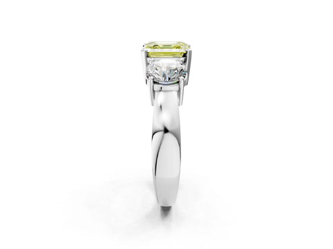 White gold Three-Stone Fancy Yellow Asscher Cut Diamond Ring with Round Side Stones, Classic Band, and Four-Prong Setting_2