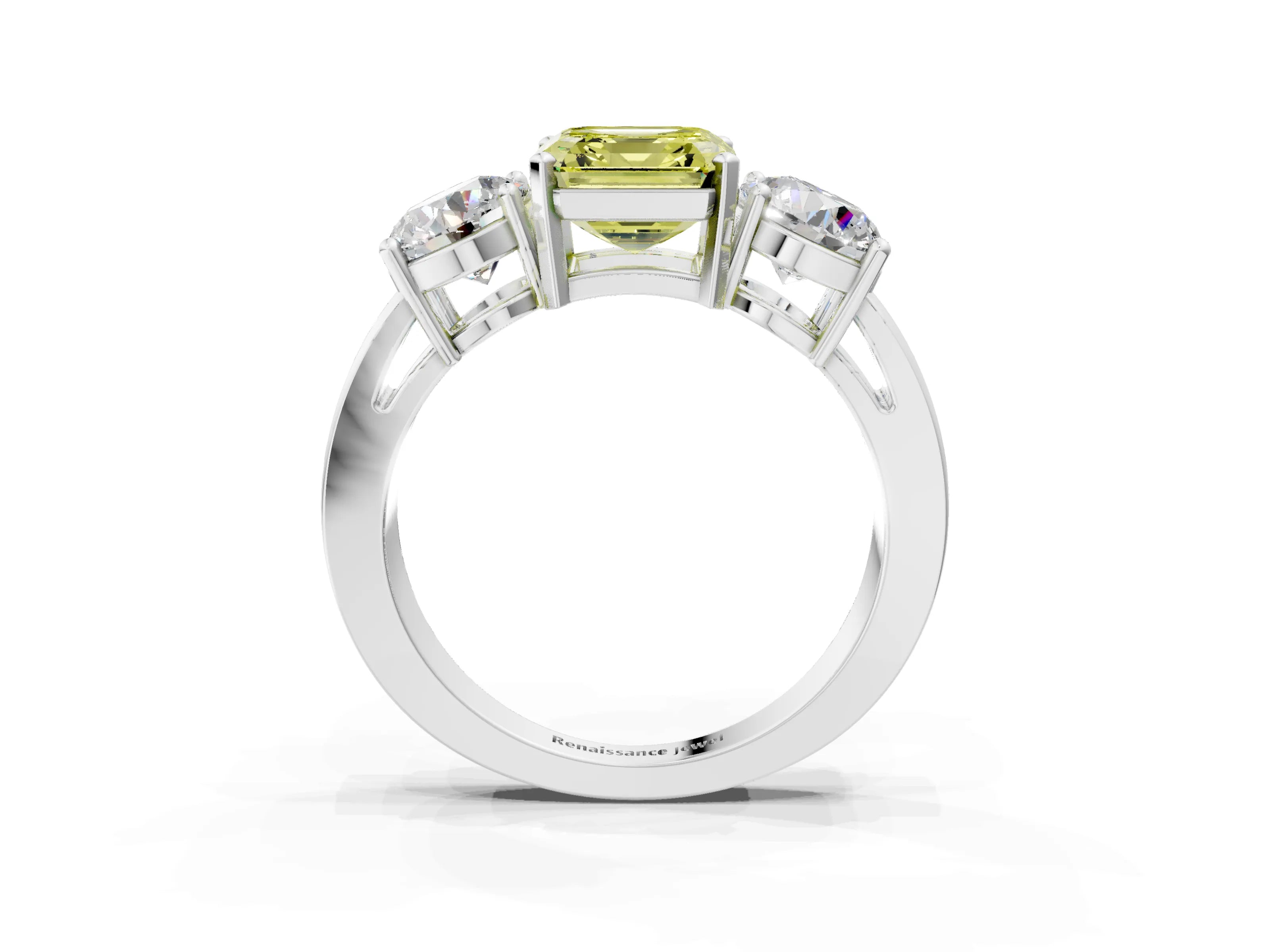White gold Three-Stone Fancy Yellow Asscher Cut Diamond Ring with Round Side Stones, Classic Band, and Four-Prong Setting_3