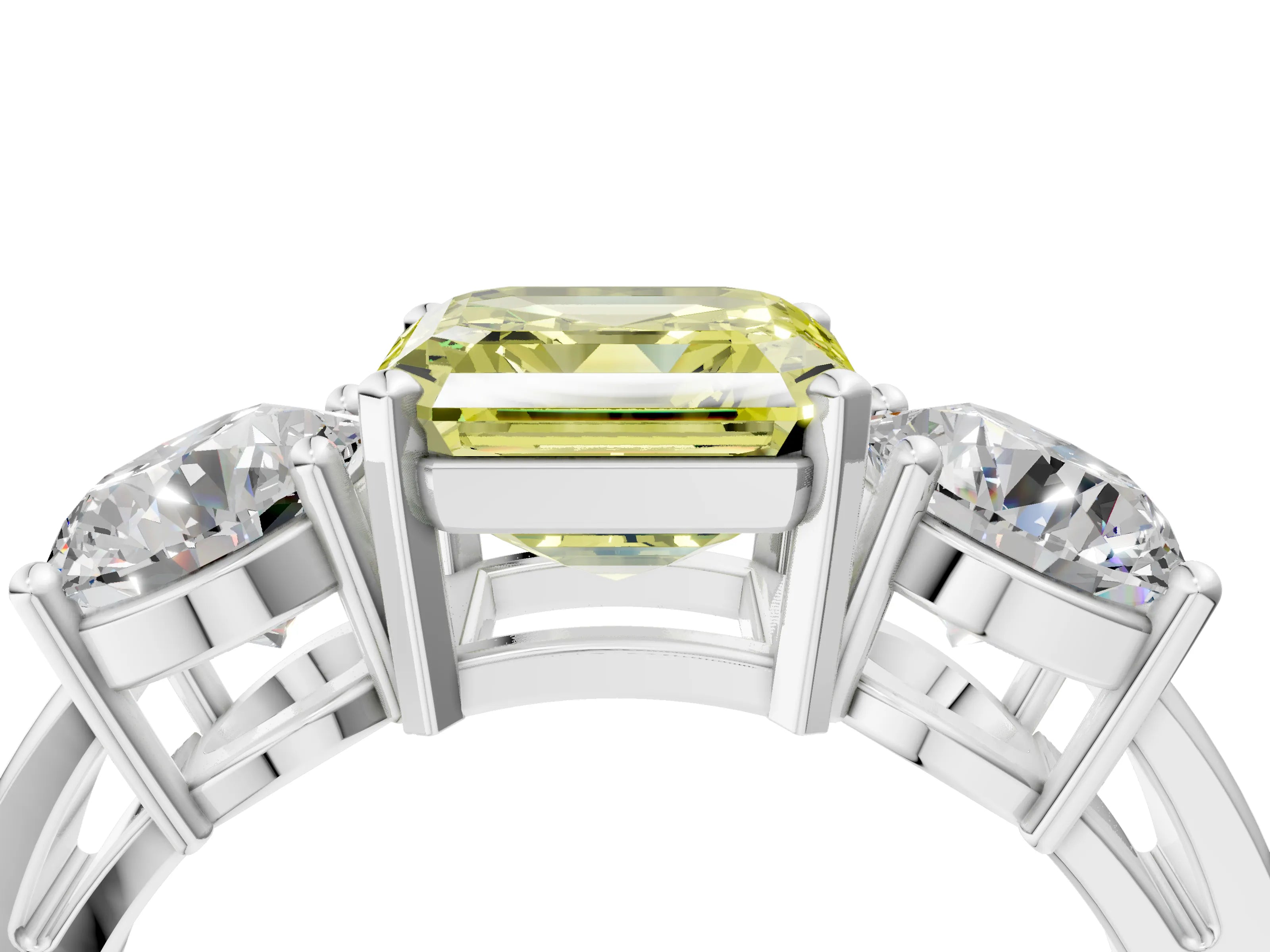 White gold Three-Stone Fancy Yellow Asscher Cut Diamond Ring with Round Side Stones, Classic Band, and Four-Prong Setting_4