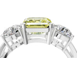 White gold Three-Stone Fancy Yellow Asscher Cut Diamond Ring with Round Side Stones, Classic Band, and Four-Prong Setting_4