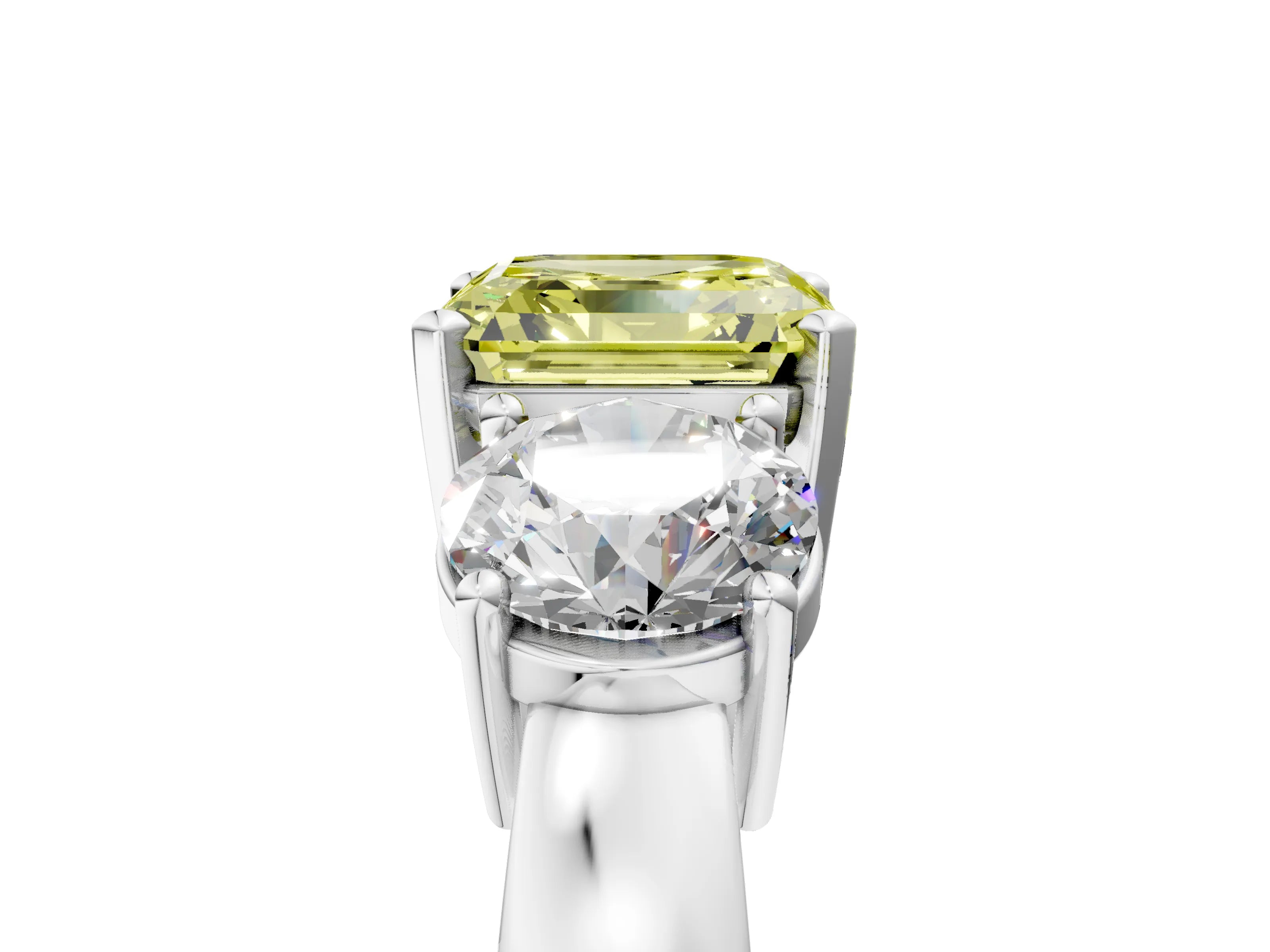 White gold Three-Stone Fancy Yellow Asscher Cut Diamond Ring with Round Side Stones, Classic Band, and Four-Prong Setting_5