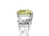 White gold Three-Stone Fancy Yellow Asscher Cut Diamond Ring with Round Side Stones, Classic Band, and Four-Prong Setting_5