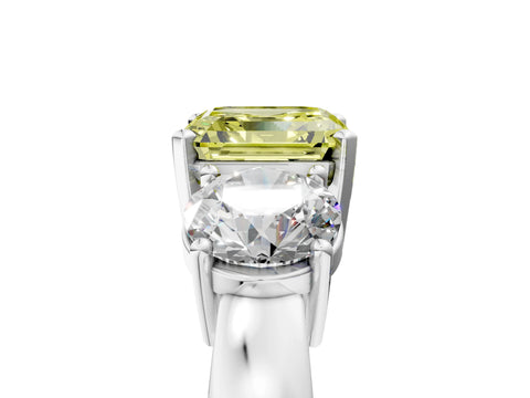 White gold Three-Stone Fancy Yellow Asscher Cut Diamond Ring with Round Side Stones, Classic Band, and Four-Prong Setting_5