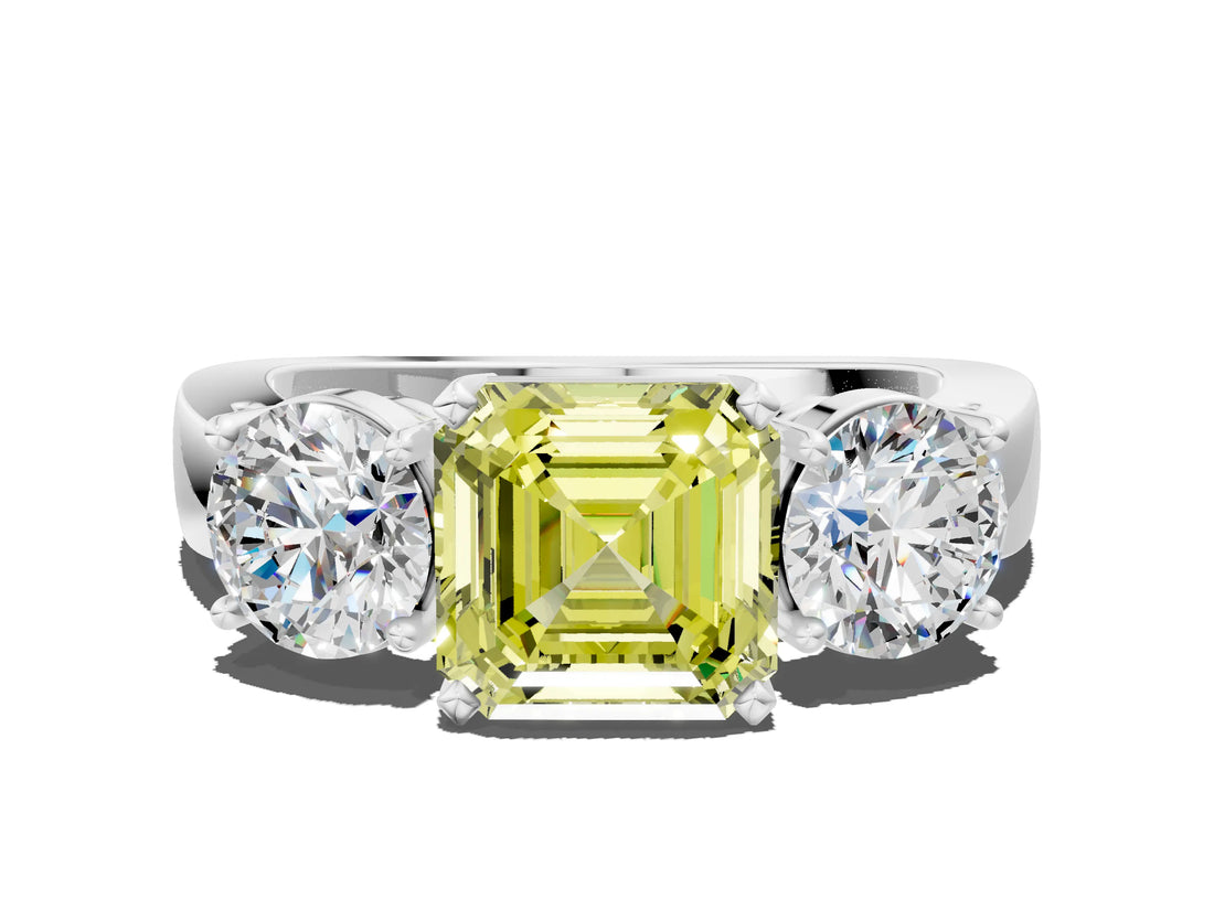 White gold Three-Stone Fancy Yellow Asscher Cut Diamond Ring with Round Side Stones, Classic Band, and Four-Prong Setting