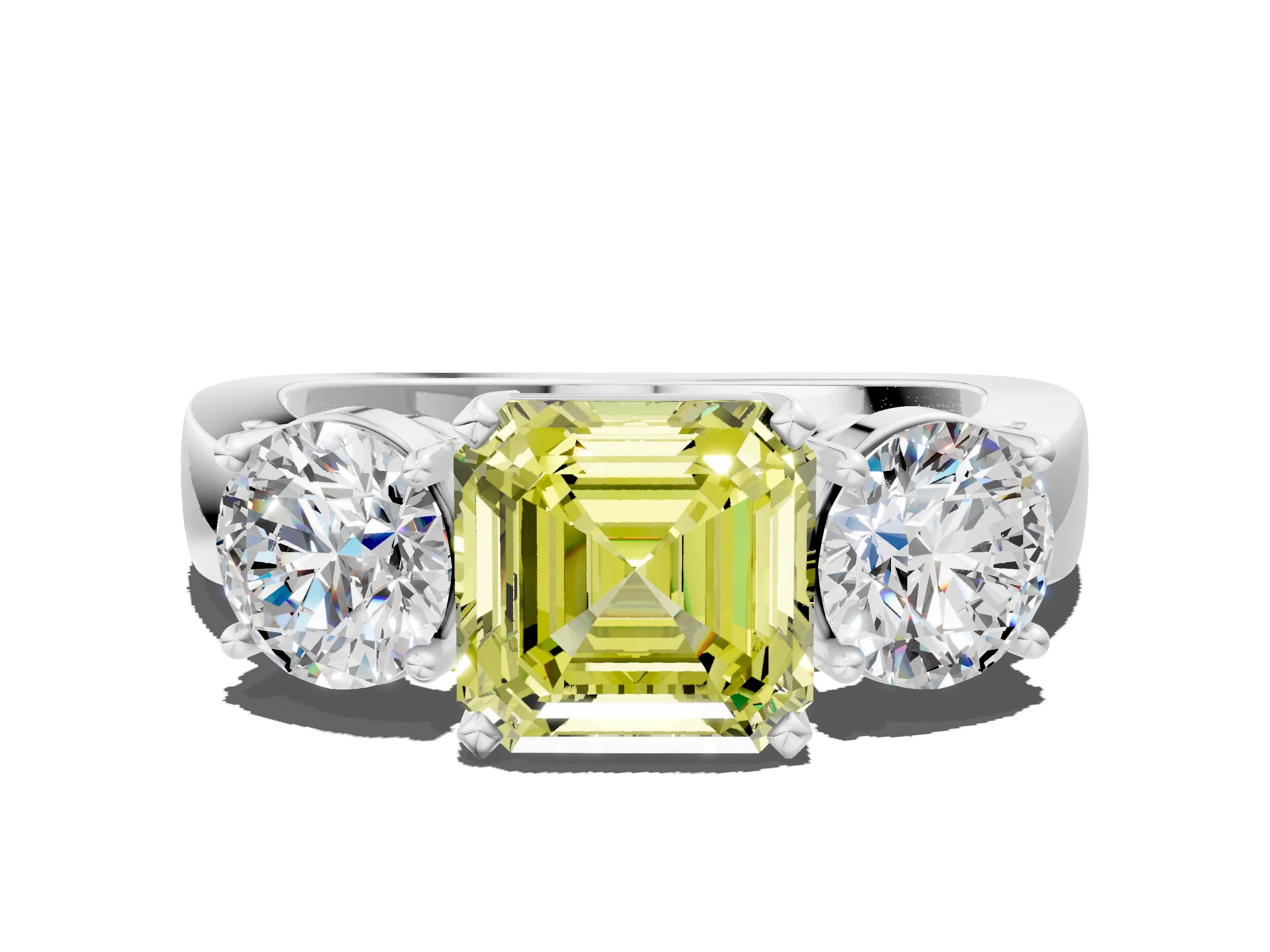 White gold Three-Stone Fancy Yellow Asscher Cut Diamond Ring with Round Side Stones, Classic Band, and Four-Prong Setting