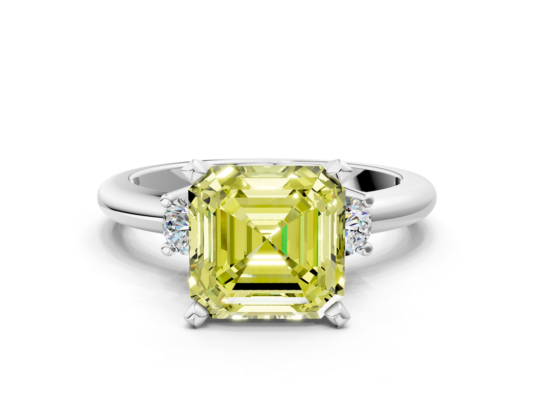 White gold Three-Stone Fancy Yellow Asscher  Cut Diamond Solitaire with Prong Setting and Classic Band