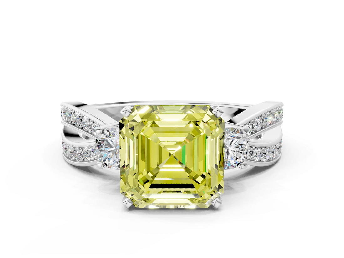 White gold Three-Stone Fancy Yellow Asscher  Cut Diamond Twist Band with Prong Setting_16