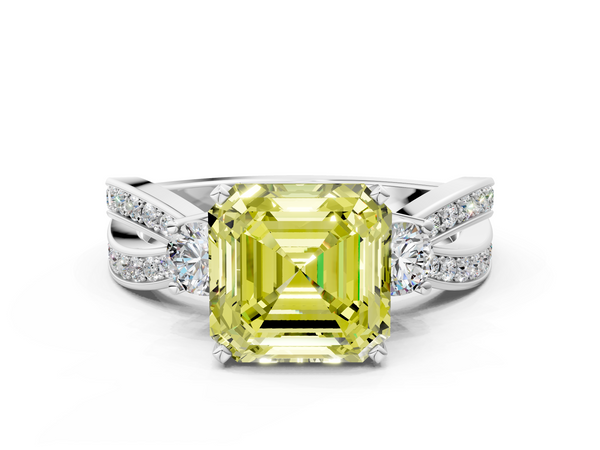 Platinum Asscher Cut Three Stone Twist Engagement Ring Setting for Fancy Yellow Center