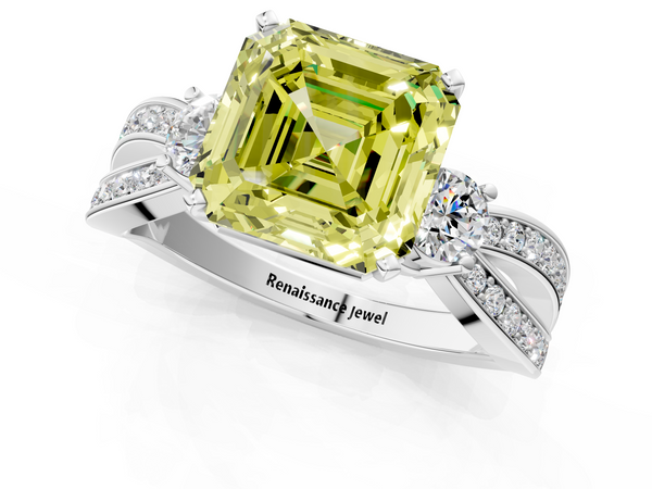 Platinum Asscher Cut Three Stone Twist Engagement Ring Setting for Fancy Yellow Center