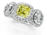 White gold Three-Stone Fancy Yellow Asscher Cut Halo Diamond Milgrain Band with Four-Prong Setting_1
