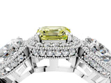 White gold Three-Stone Fancy Yellow Asscher Cut Halo Diamond Milgrain Band with Four-Prong Setting_4