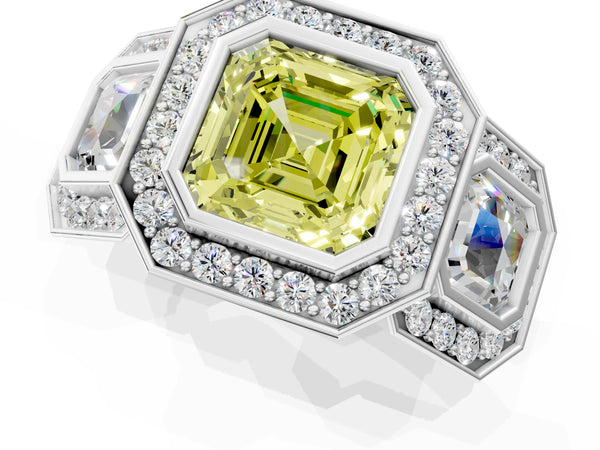 Platinum Asscher Cut Bezel Three Stone Halo Engagement Ring Setting for Fancy Yellow Center