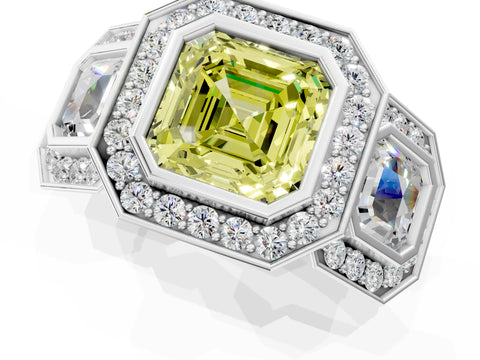 White gold Three-Stone Fancy Yellow Asscher Cut Halo Pavé Diamond Ring_1