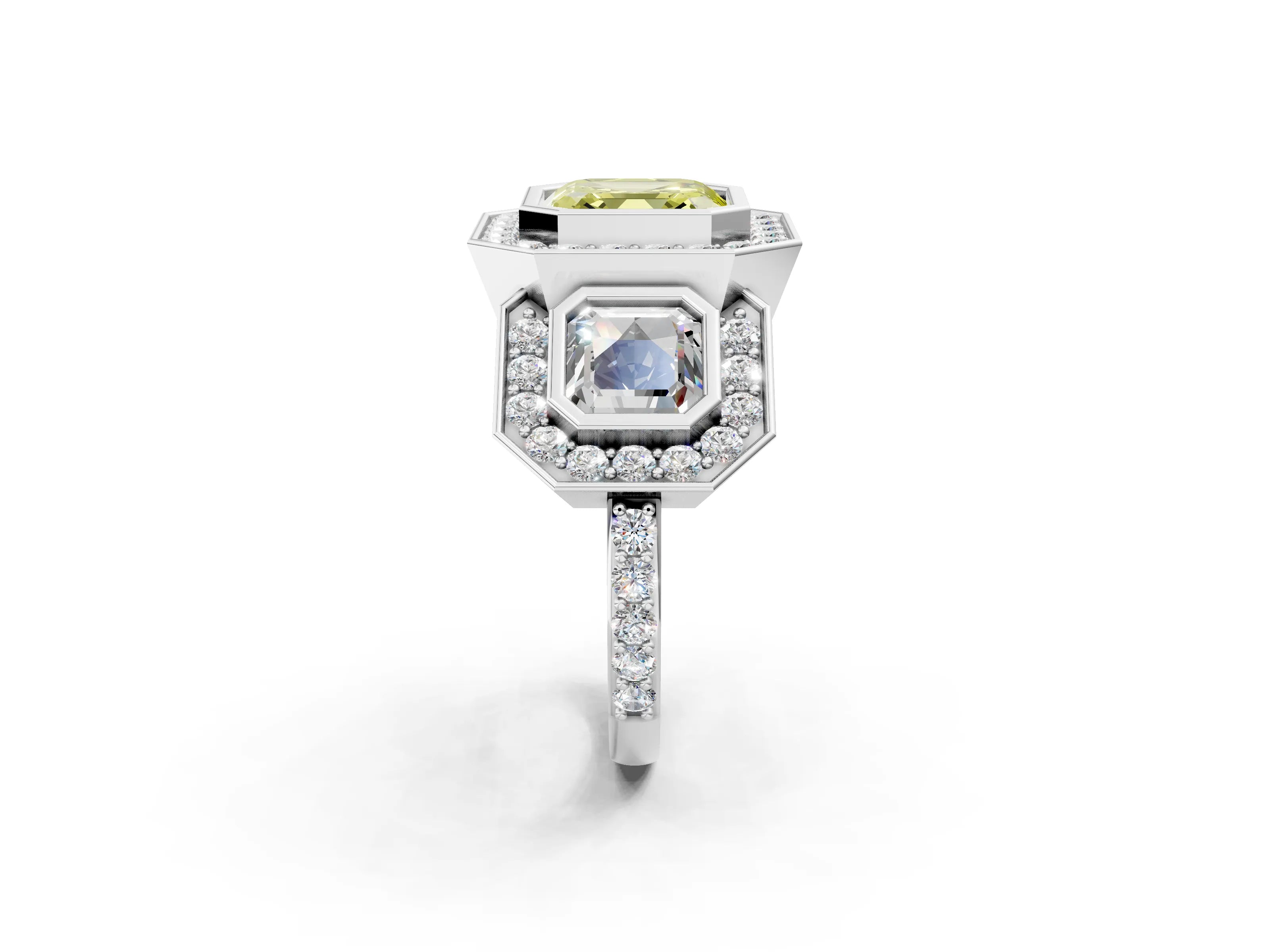 White gold Three-Stone Fancy Yellow Asscher Cut Halo Pavé Diamond Ring_2