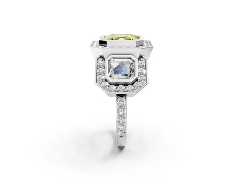 White gold Three-Stone Fancy Yellow Asscher Cut Halo Pavé Diamond Ring_2