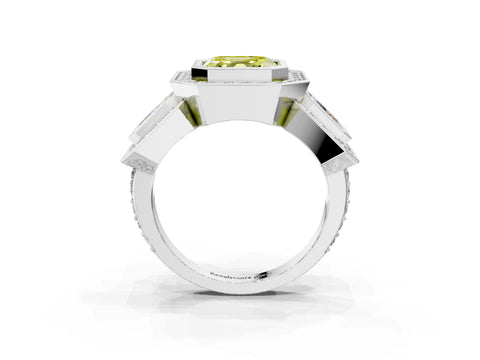 White gold Three-Stone Fancy Yellow Asscher Cut Halo Pavé Diamond Ring_3