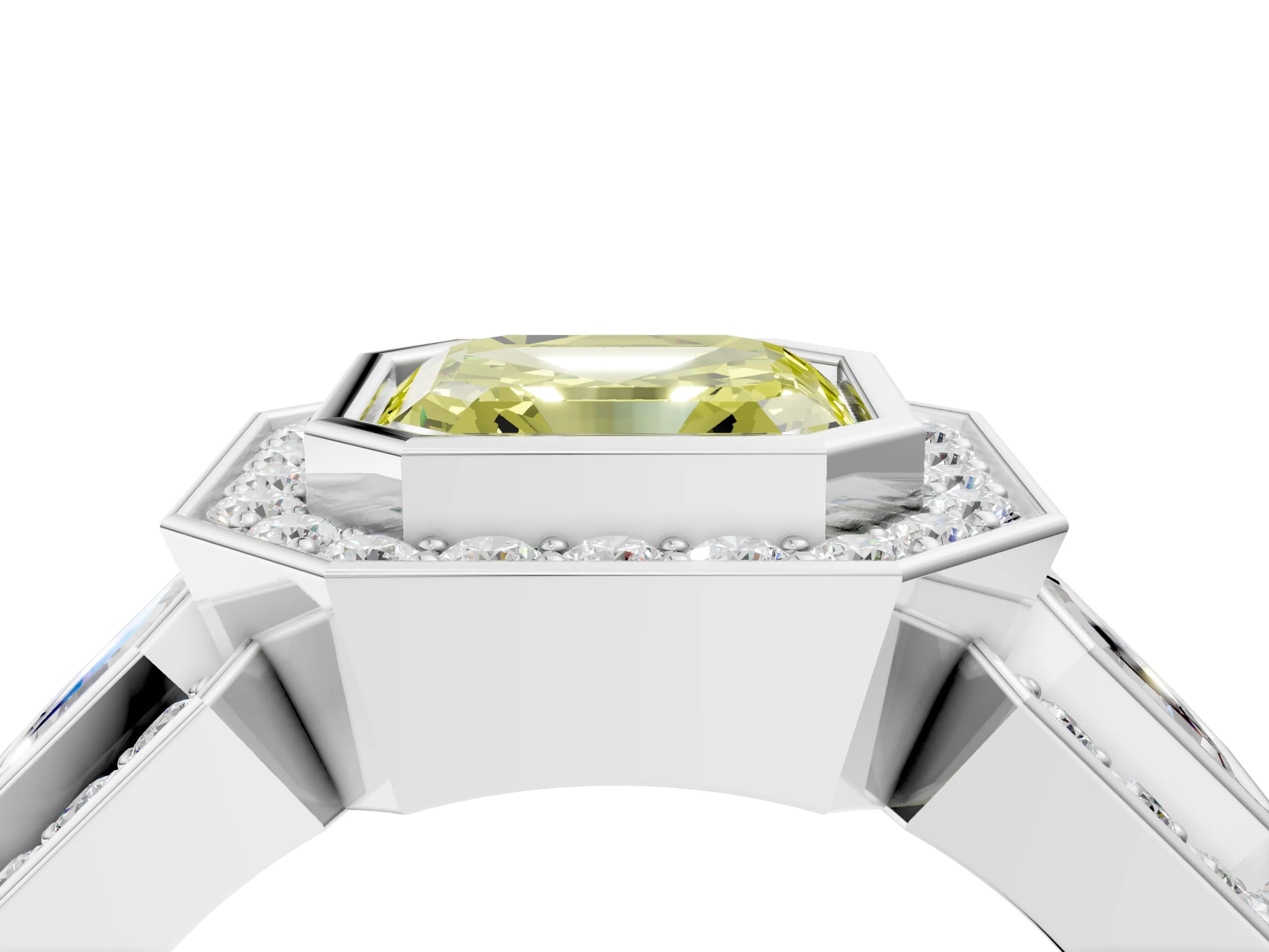 White gold Three-Stone Fancy Yellow Asscher Cut Halo Pavé Diamond Ring_4