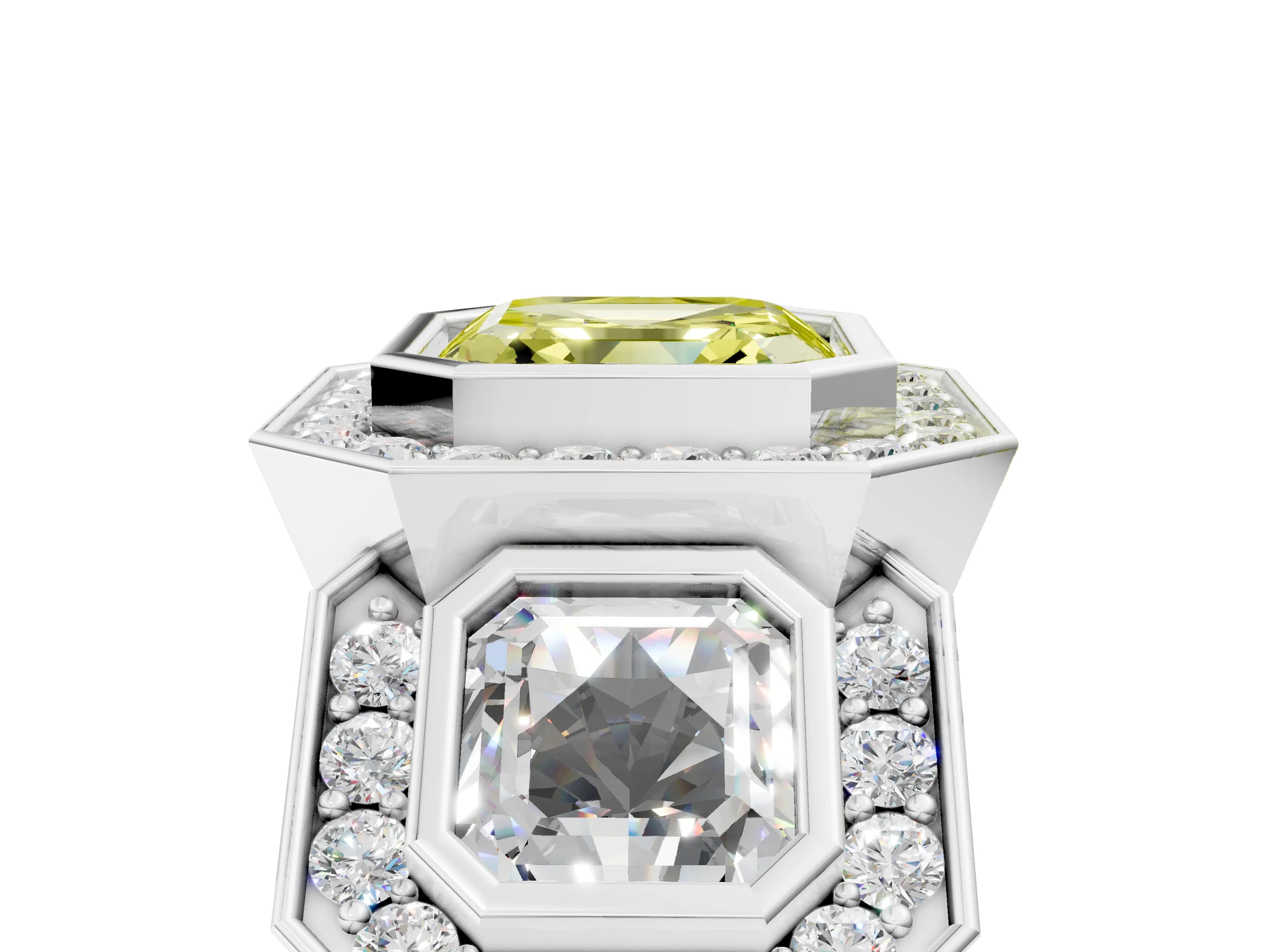 White gold Three-Stone Fancy Yellow Asscher Cut Halo Pavé Diamond Ring_5