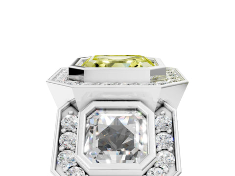 White gold Three-Stone Fancy Yellow Asscher Cut Halo Pavé Diamond Ring_5