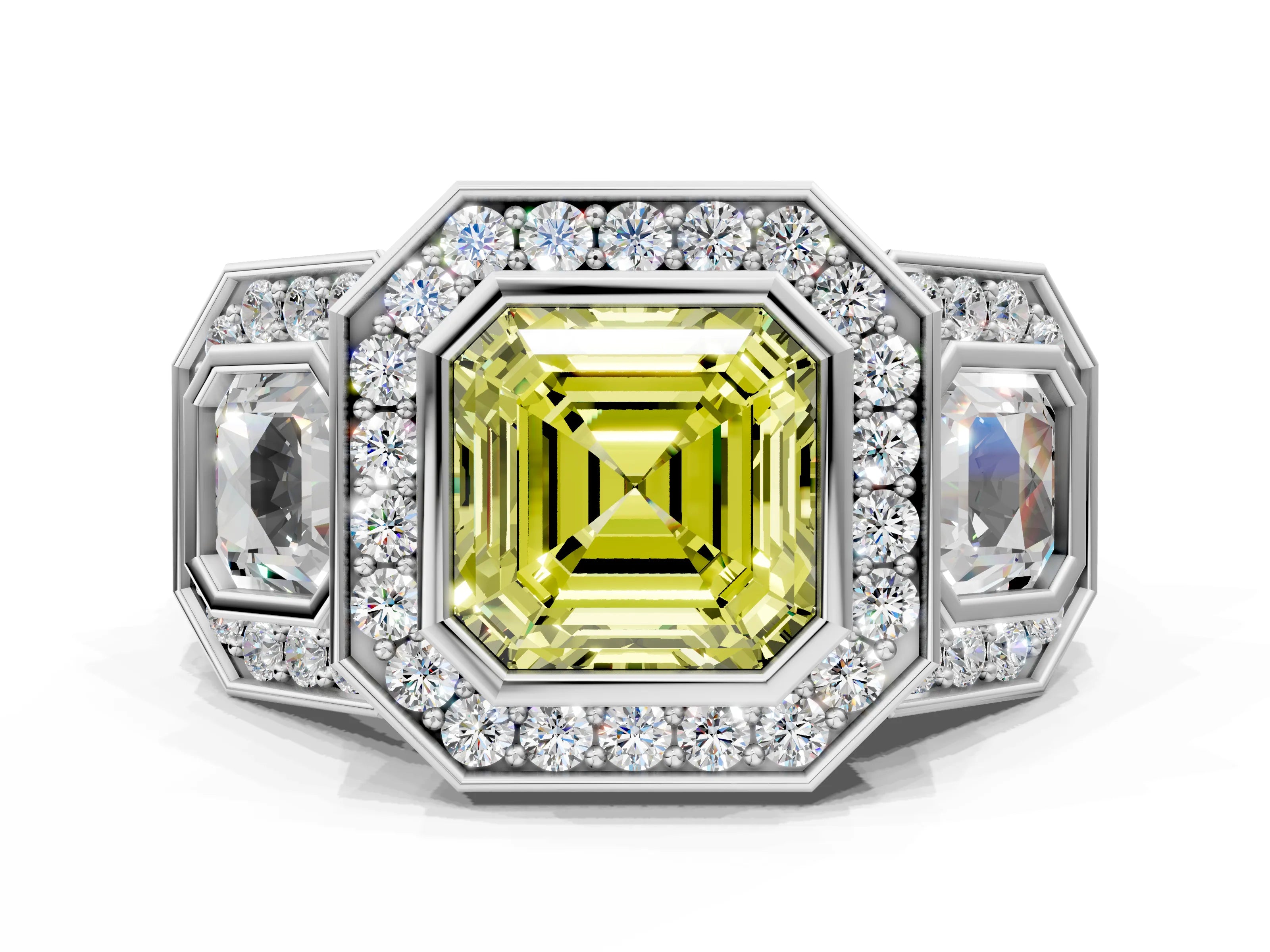 White gold Three-Stone Fancy Yellow Asscher Cut Halo Pavé Diamond Ring