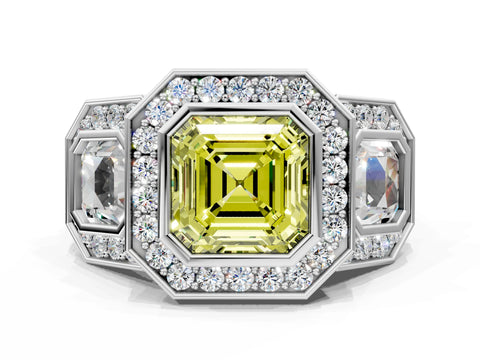 White gold Three-Stone Fancy Yellow Asscher Cut Halo Pavé Diamond Ring