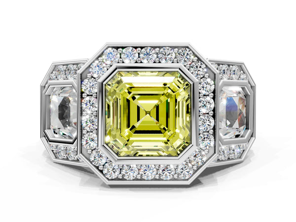 Sterling Silver Asscher Cut Bezel Three Stone Halo Engagement Ring Setting for Fancy Yellow Center