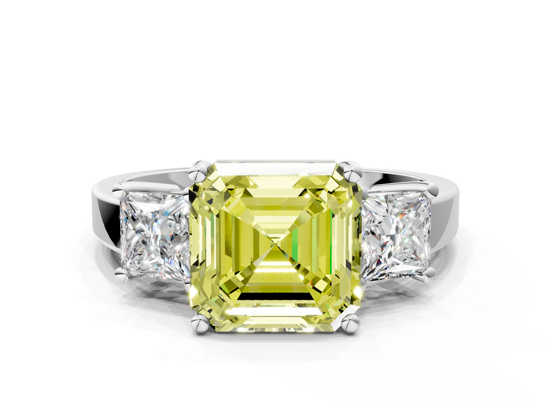 White gold Three-Stone Fancy Yellow Asscher  Cut Solitaire Ring with Prong Setting_3
