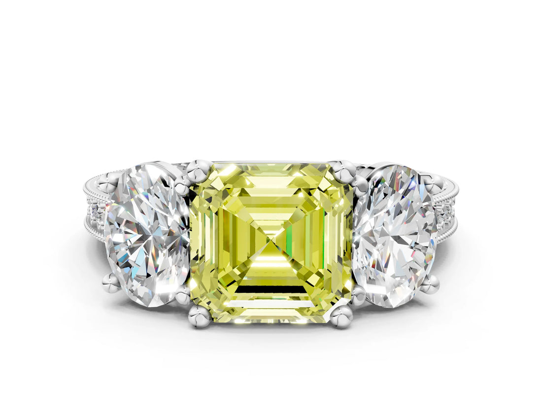 White gold Three-Stone Fancy Yellow Asscher  Diamond Milgrain Pave Band with Prong Setting 1