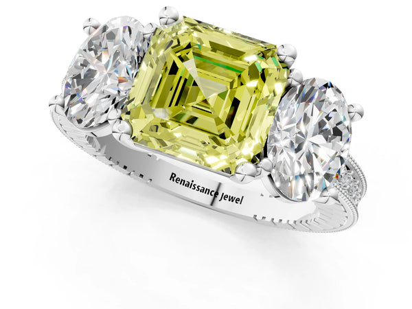 White Gold Asscher Cut Three-Stone Engagement Ring Setting for Fancy Yellow Center with Pave Band