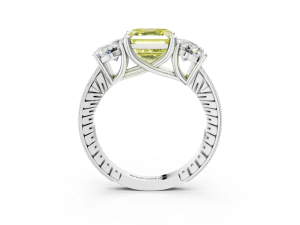 White Gold Asscher Cut Three-Stone Engagement Ring Setting for Fancy Yellow Center with Pave Band