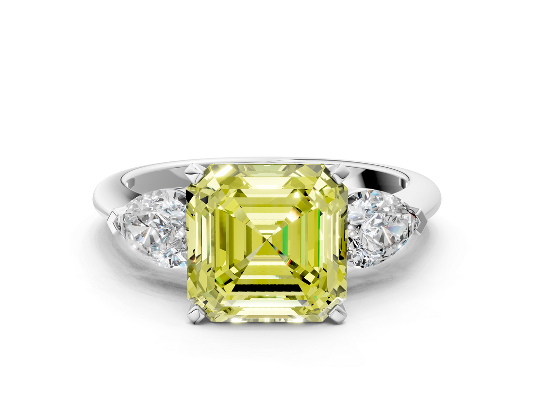 White gold Three-Stone Fancy Yellow Asscher  Diamond Ring with Pear Side Stones in Four-Prong Setting_17