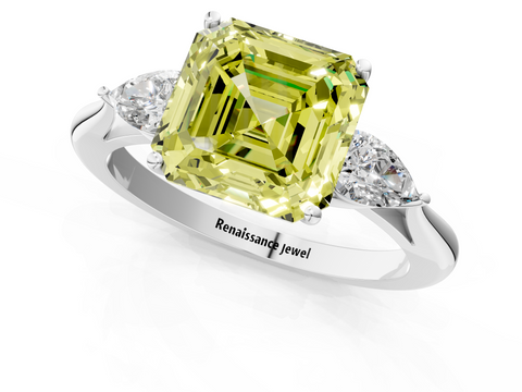 White gold Three-Stone Fancy Yellow Asscher  Diamond Solitaire Ring with Pear Side Stones and Four-Prong Setting_18