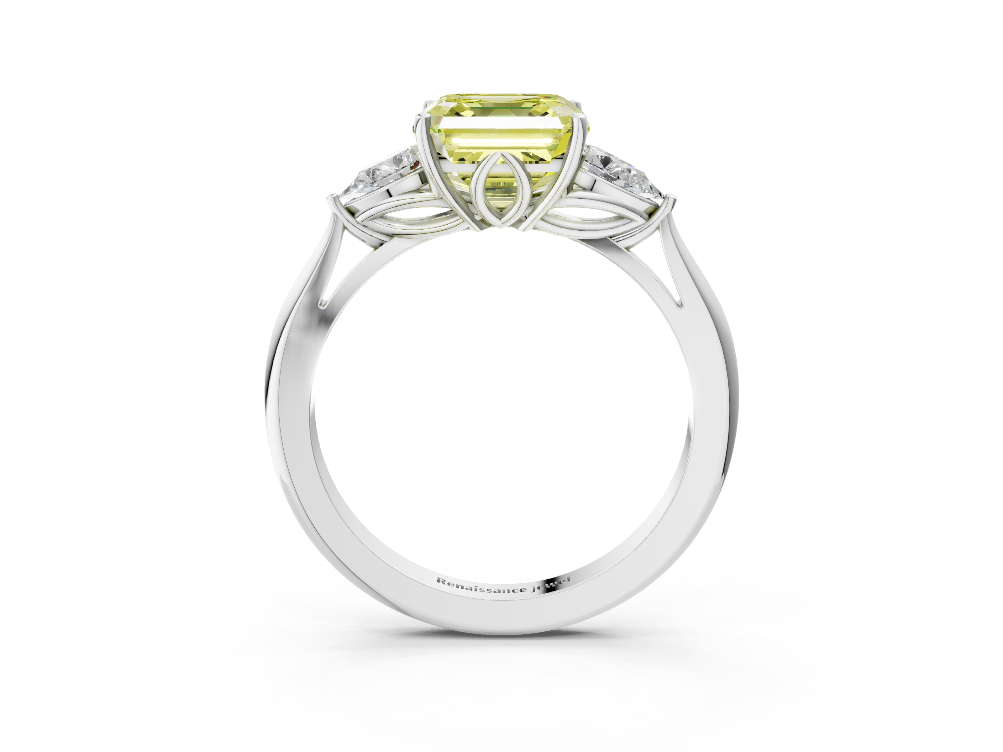 White gold Three-Stone Fancy Yellow Asscher  Diamond Solitaire Ring with Pear Side Stones and Four-Prong Setting_20