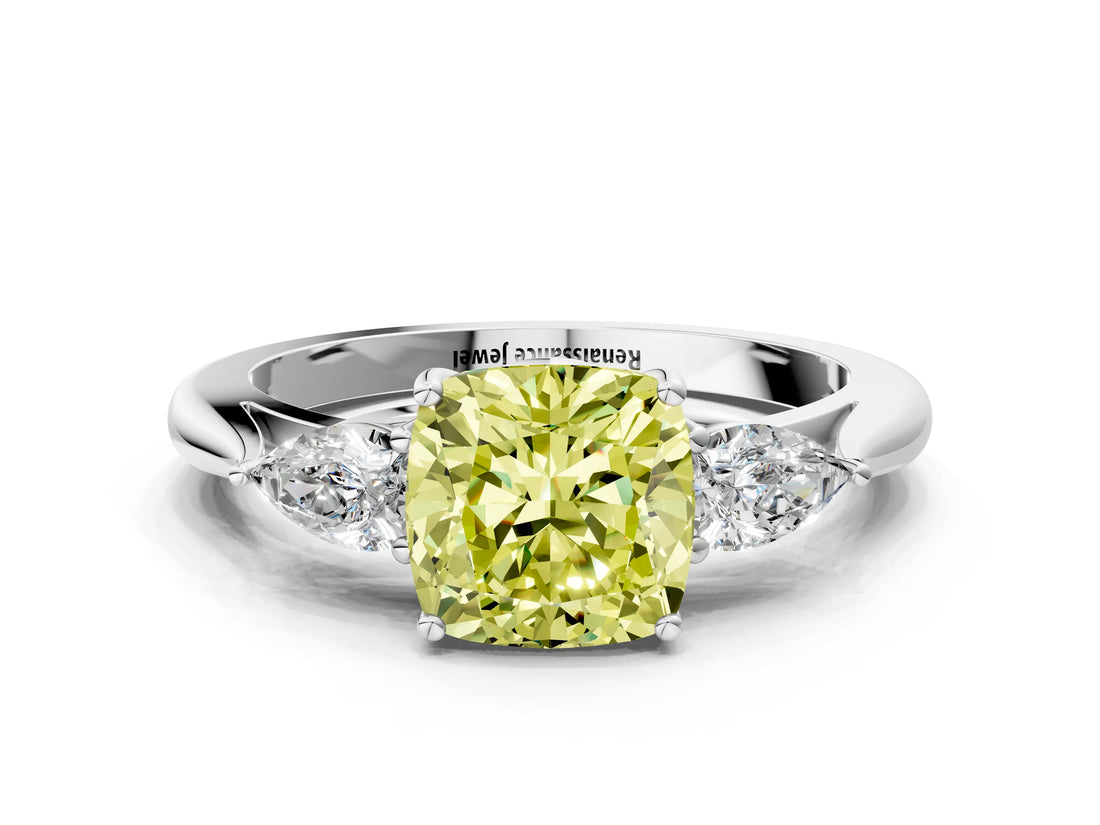 White gold Three-Stone Fancy Yellow Cushion Cut Brilliant Diamond Solitaire Ring with Tapered Band and Four-Prong Setting_38