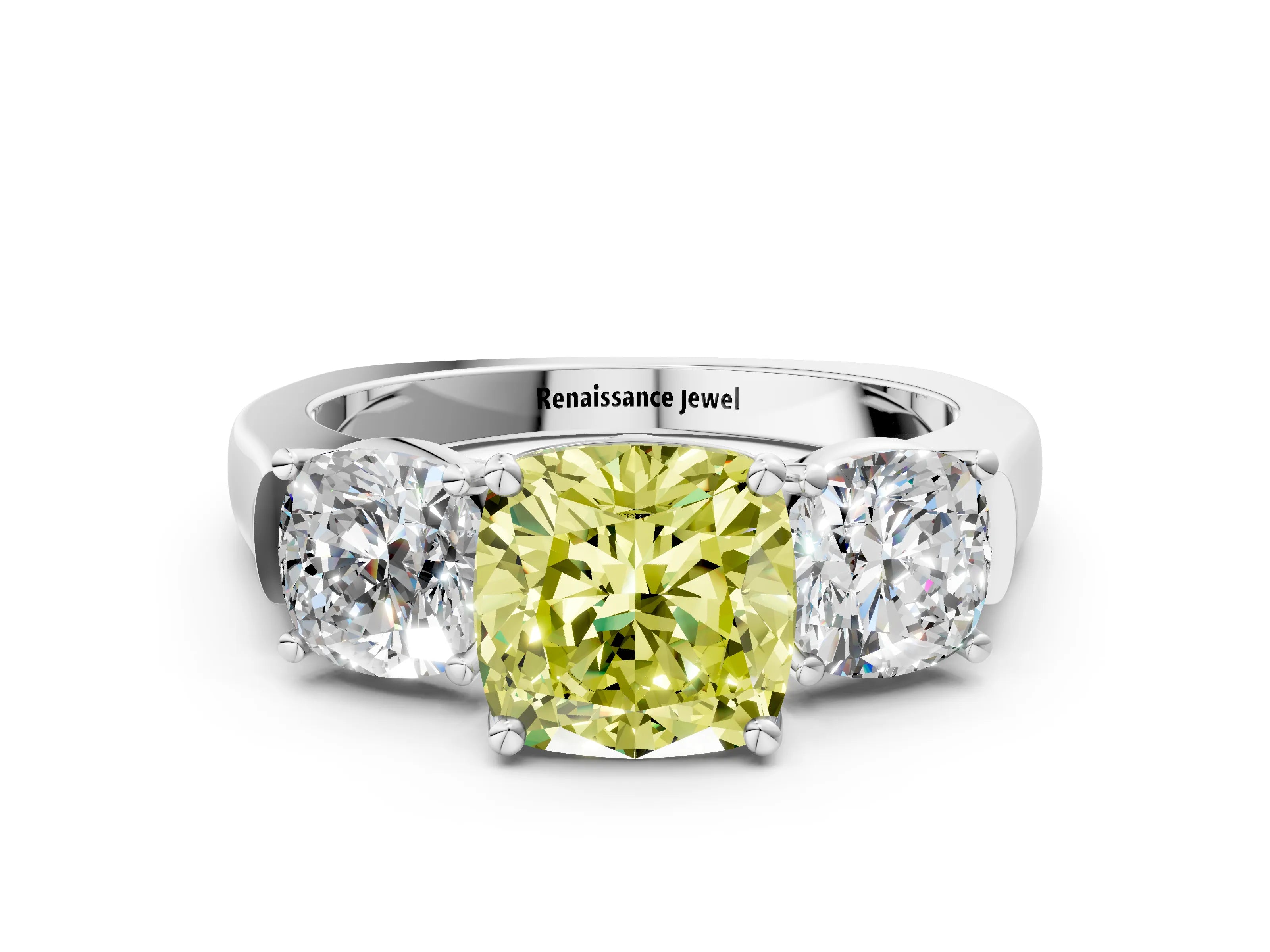 White gold Three-Stone Fancy Yellow Cushion Cut Brilliant Diamond Trellis Ring with Comfort Fit Band_12